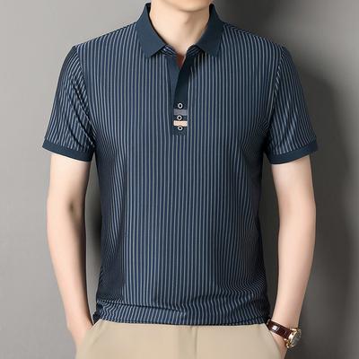 Summer New Men's Short Sleeved T-shirt Middle-aged and Young Vertical Striped Half Sleeve Scissor Lapel