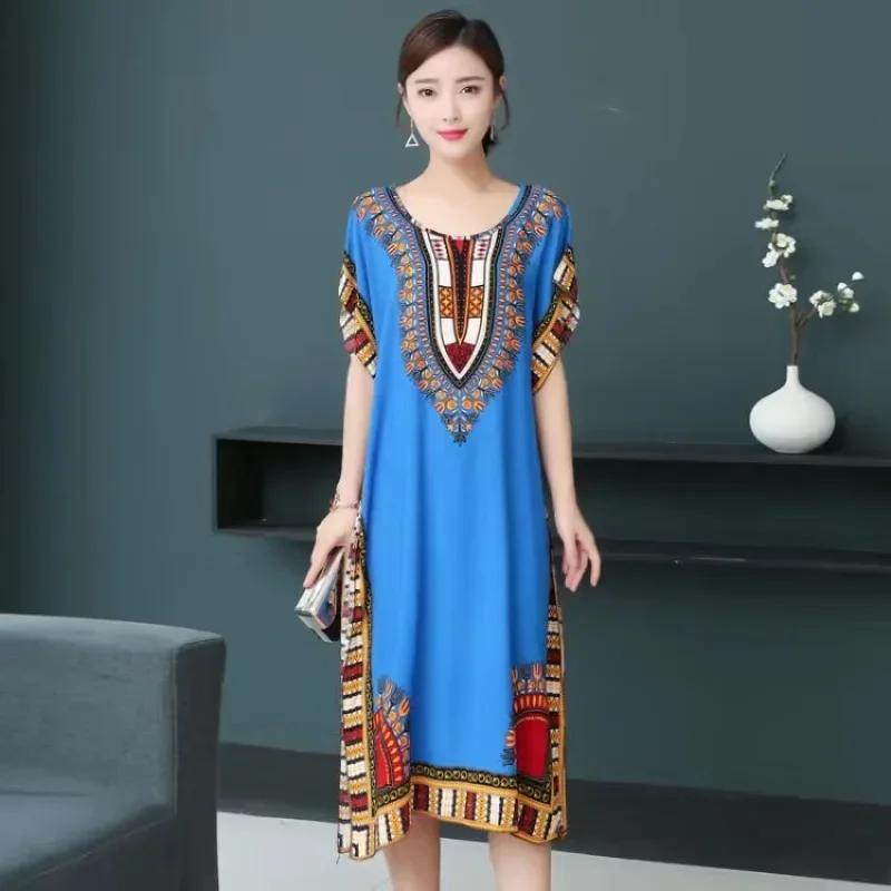 Bohemian National Style Leisure Holiday Beach Printed Poker Indonesia Floral O Neck Loose Midi Dress Pajamas Loungewear Woman