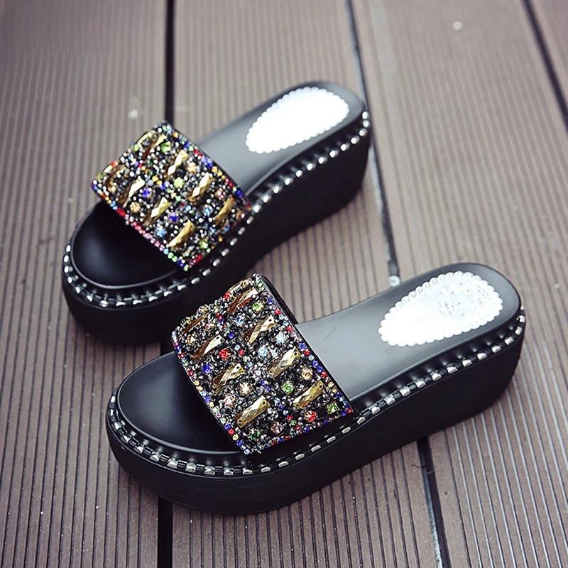 Fashion Luxury Women's Sandals Summer Platform Rhinestone Slippers Women Gemstone Slides Wedge Slippers Women's Shoes Beach Slides Shoes