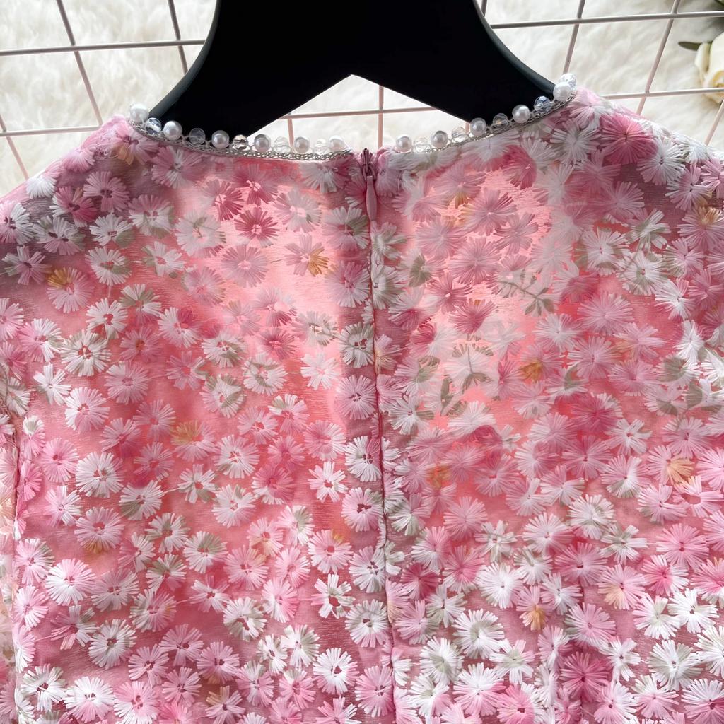 Elegant Beaded Short Sleeve Flower Lace Dress Women's Formal Evening Embroidery Crochet Hollow Out Long Party Dress