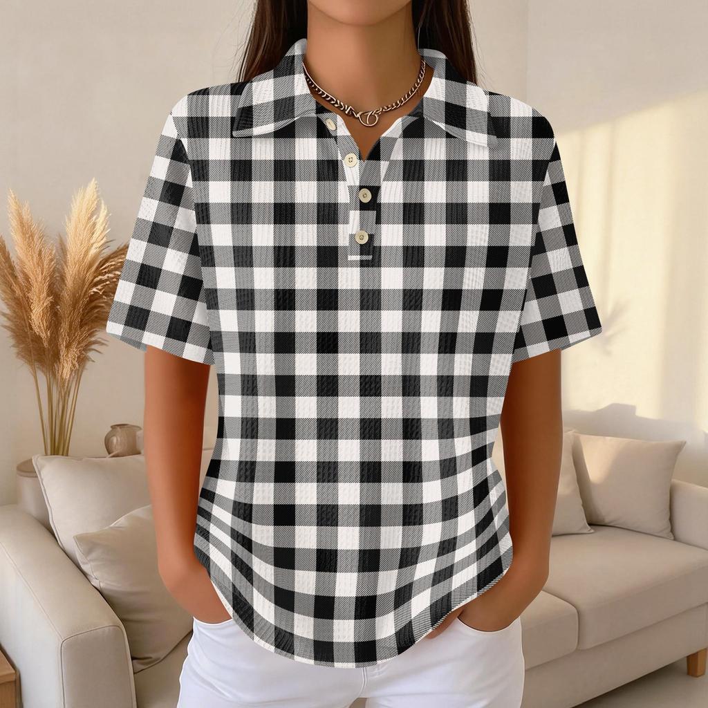 Women's Casual Short Sleeve Polo Shirt Waffle Texture Button Down Collar Top with Horizontal Stripes Pattern Suitable for Daily Wear