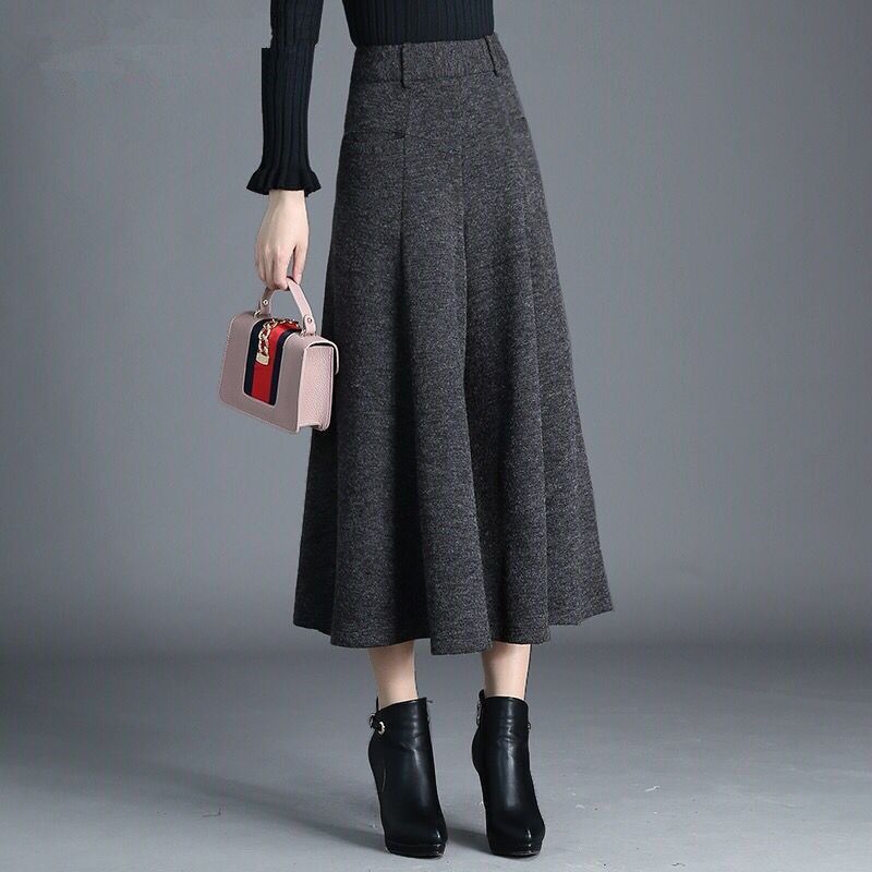 Spring Autumn Winter Women's Woolen Pants Solid Pocket Elastic High Waist Fashion Elegant Loose Wide Leg Ankle Length Trousers