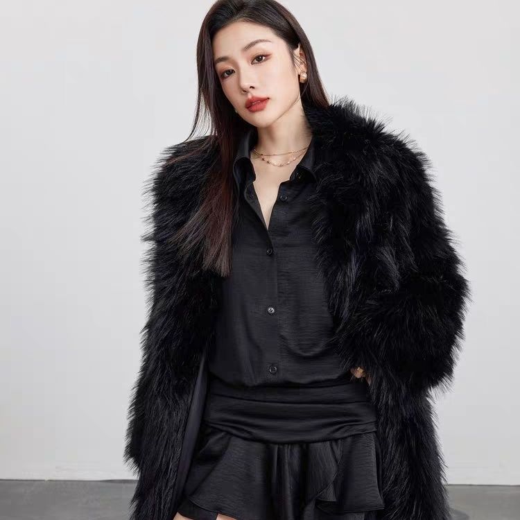 Winter New Imitation Fox Black Long Coat with Cotton and Thick Environmentally Friendly Fur Coat for Women
