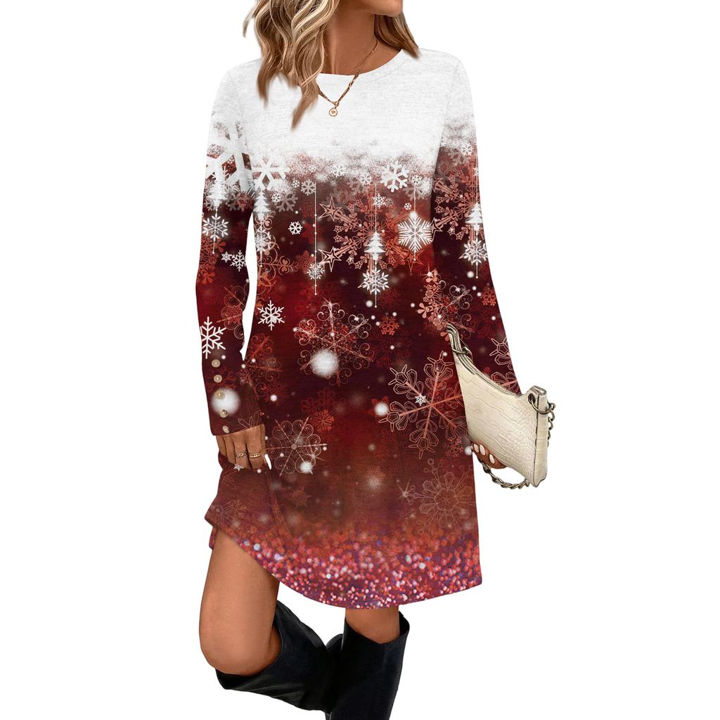 Women's Fashion Casual Dress With Pockets, Decorative Buttons, Christmas Prints, Round Neck And Long Sleeves