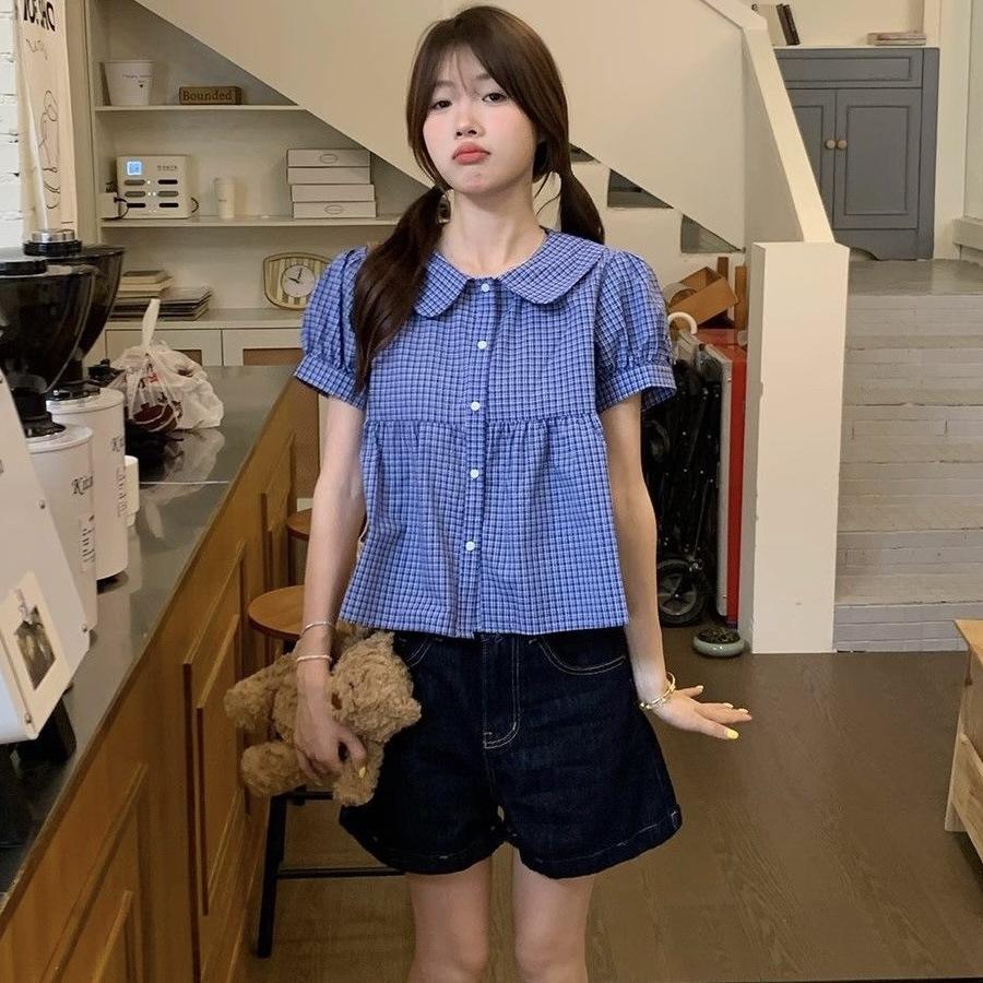 Korean college style retro blue plaid short-sleeved shirt women's spring summer sweet doll collar age-reducing shirt top