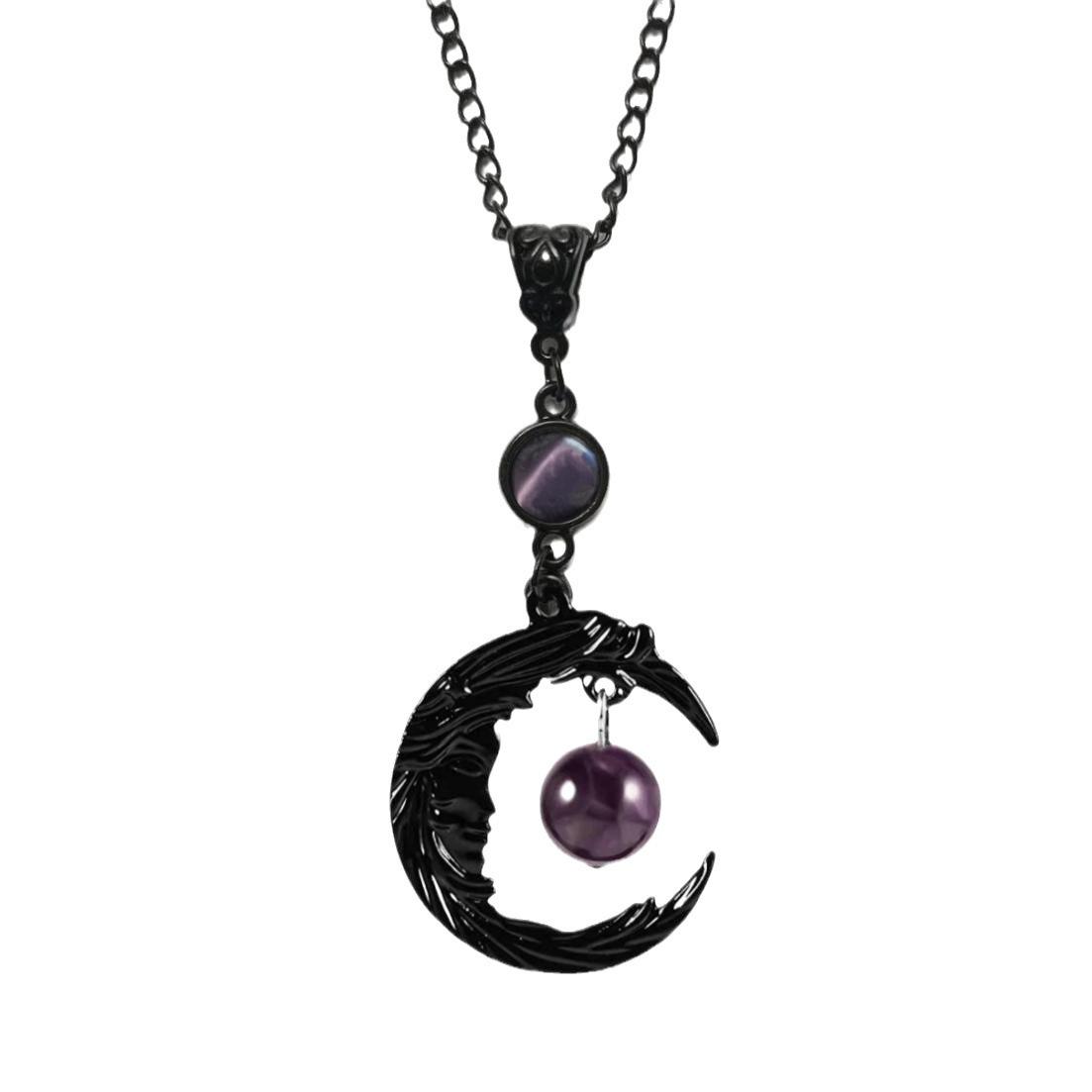 Gothic Black Crescent Pendant with Purple Gem чёрный
