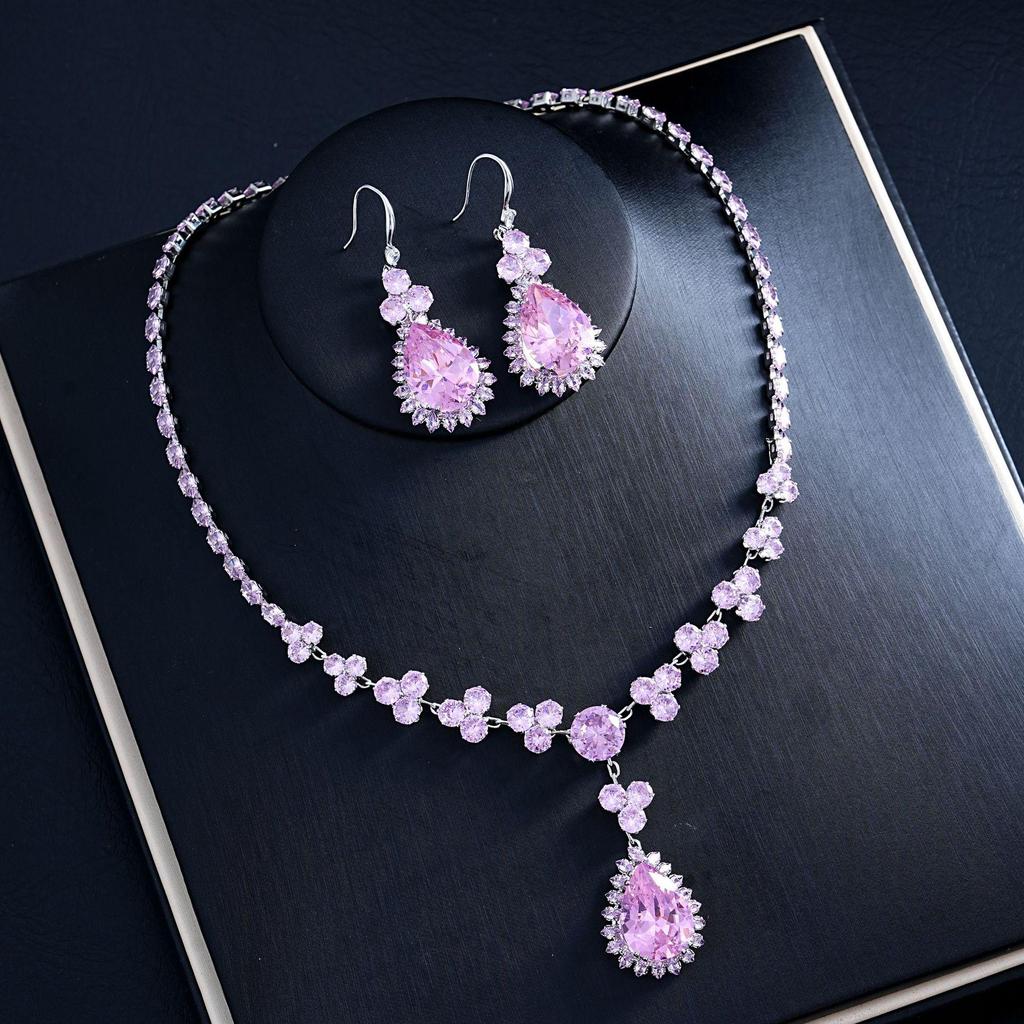 Hot-Selling Green Water Drop Earrings & Necklace Bridal Set - Fashionable Zircon Accessories