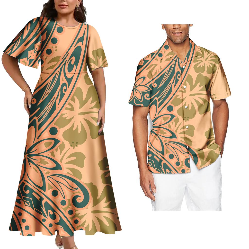 Tenues Assorties pour Couple Ensemble Deux Pièces Femme Robes de Soirée Assorties Chemises Homme Tenues de Couple Tribales Polynésiennes Samoa Personnalisées