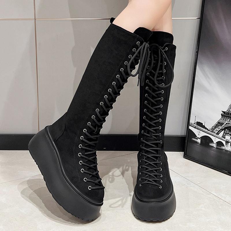 Women's Mid Calf Boots Padded Shoes Knee High Autumn Winter Sneakers Punk Style Military Casual Black Lucury Platform Woman