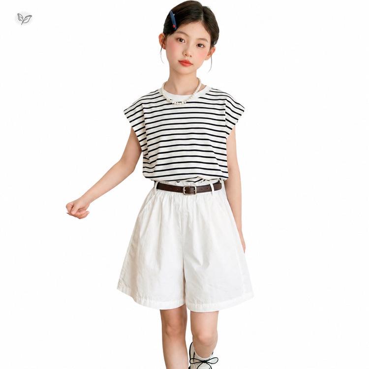Korean Style Striped Sleeveless T-shirt & Shorts Set for Girls - Summer 2026
