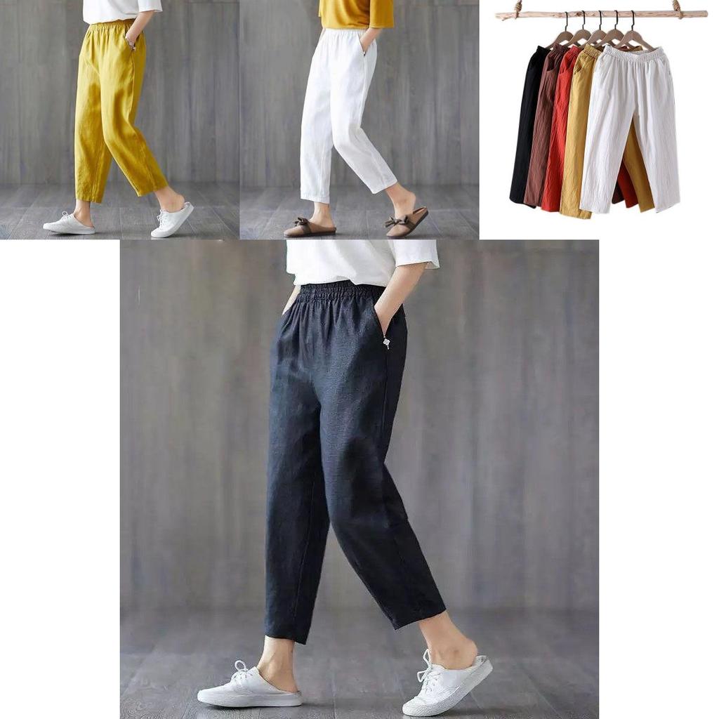 Cotton Linen Casual Female Pants Korean Style Loose Tapered Long Pants For Women