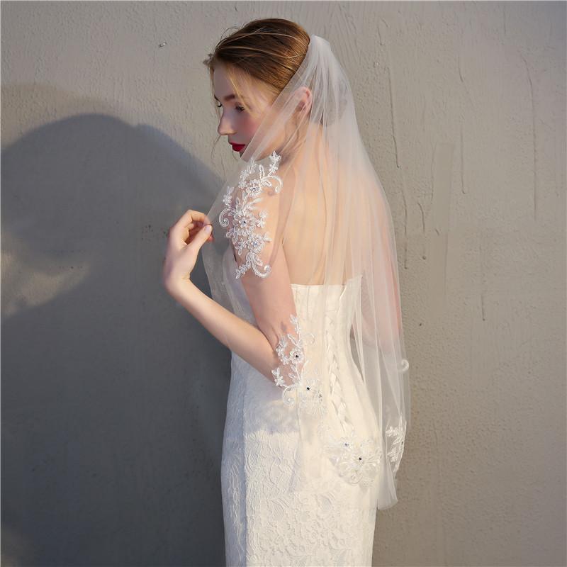 European & American Short Bridal Veil with Lace, Rhinestones & Comb