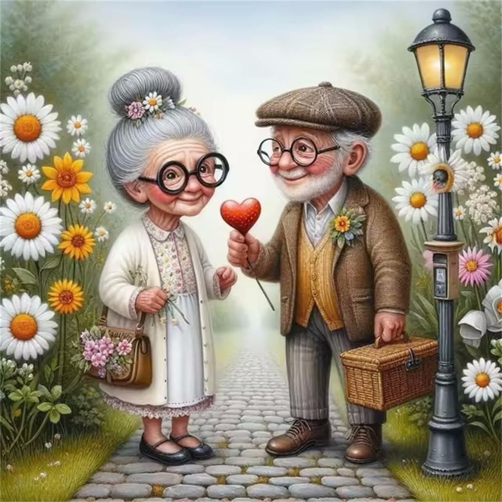 Cartoon Happy Old Couple 5D Full Round Diamond Painting Kits, Cute Grandma and Grandpa DIY Drills Mosaic Embroidery Cross-stitch