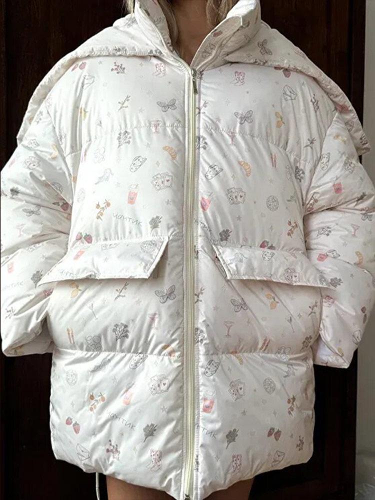 Women's Oversized Stand Up Collar Large Pocket Down Jacket Women's Winter Warm Fashionable Jacket Women's Hooded Printed Down Jacket 2025