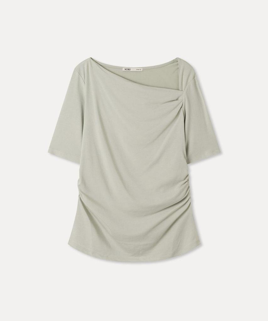 MIXXO Diagonal Neck Shirred Short Sleeve T-Shirt_Miwhwg729A