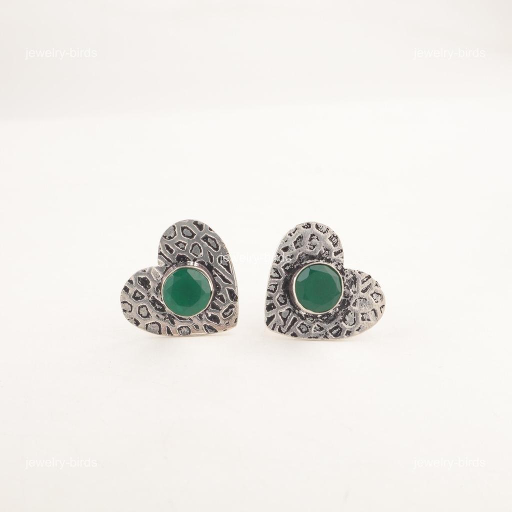 Brincos Stud Redondos de Ônix Verde Natural Prata 925 Presente de Aniversário Joia Art Déco EE-143-10
