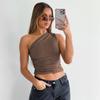 Women's Winter One-Shoulder Backless Ruched Tank Top T-Shirt: Solid Color, European & American Style