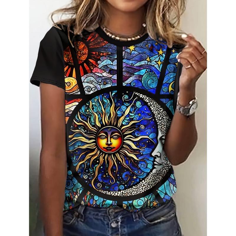 Oil Painting Sun God Pattern T-Shirt Women Fashion Short Sleeve Women Clothing Casual T Shirt For Women Daily Tops Summer S