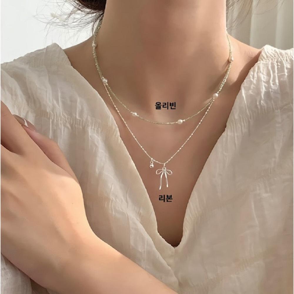 Women's Silver 925 Pearl Olivine Peridot Ribbon Necklace