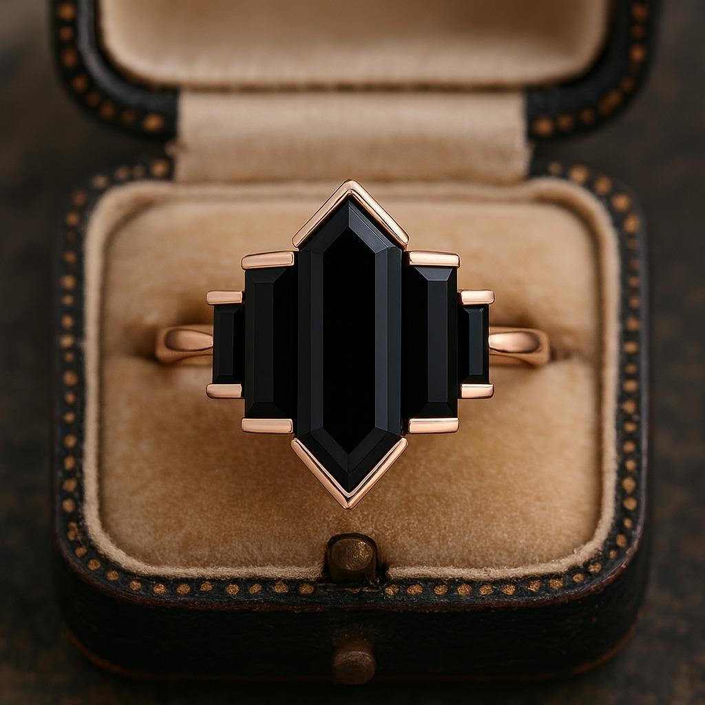 Hexagon Black Onyx Ring Yellow Gold Plated | Unique Engagement Ring | Bezel Set Black Gemstone | Vintage Bridal Anniversary Jewelry