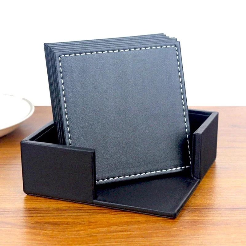 6pcs Fashion Desk Decoration Square Shape Leather Tea/Coffee Cup Pad Small Coaster Suitable Household Kitchen Water Cups Tool