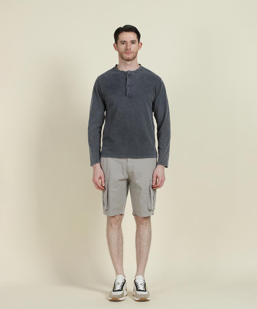 PANICALE Blue Garment Dye Cotton Henry T-Shirt