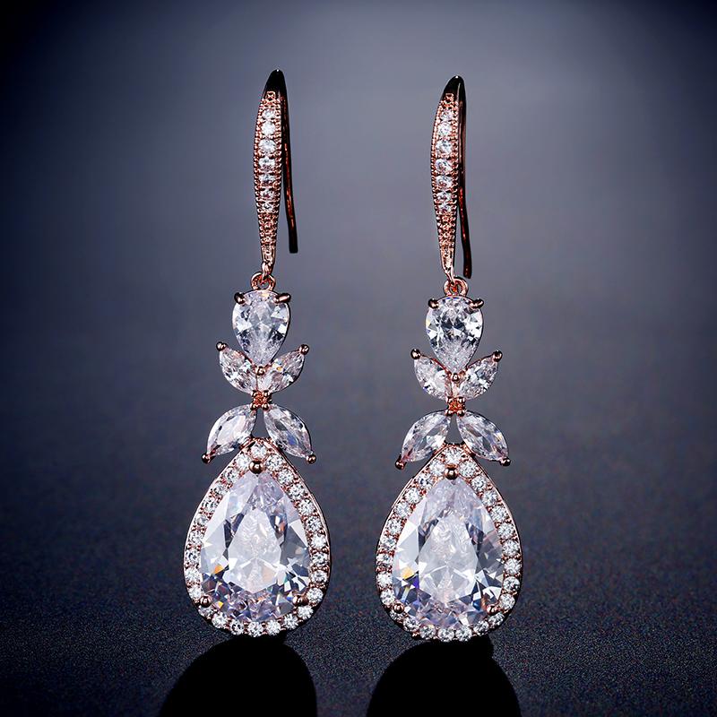 ZAKOL Elegant Shiny AAA Cubic Zirconia Leaf Tassel Earrings for Women Fashion Sliver Color Birthday Wedding Zircon Gift