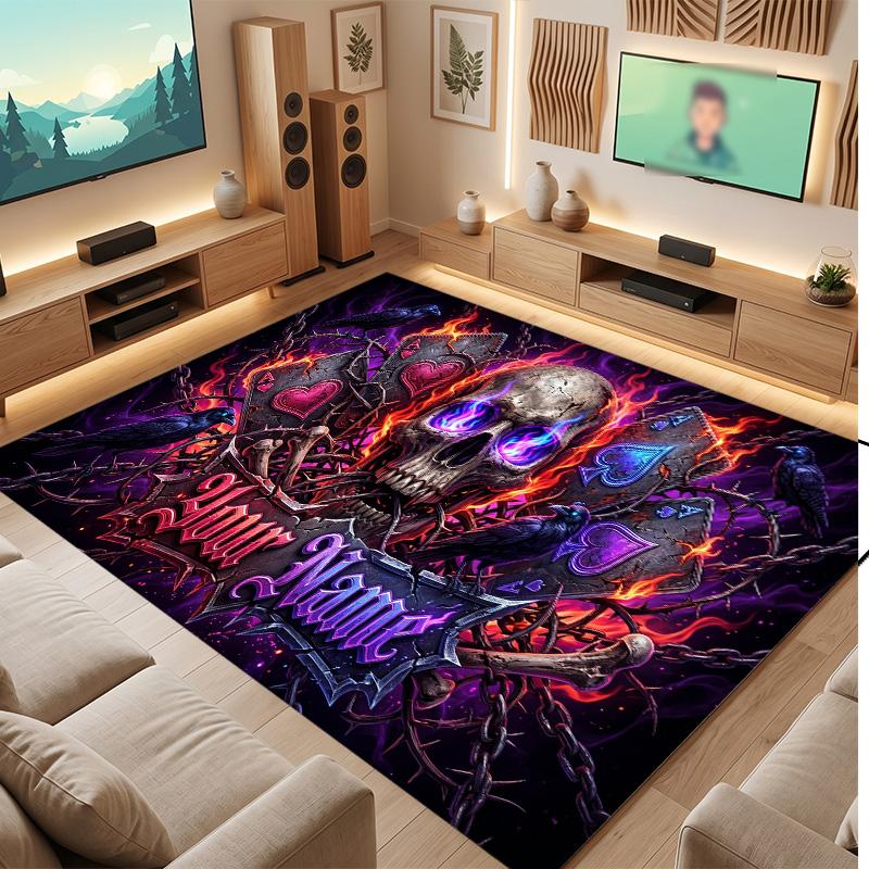 Tappeto Morbido in Velluto di Cristallo Tema Gotico Teschio Stampa Personalizzata Nome e Testo Tappeto Antiscivolo per Camera da Letto Soggiorno