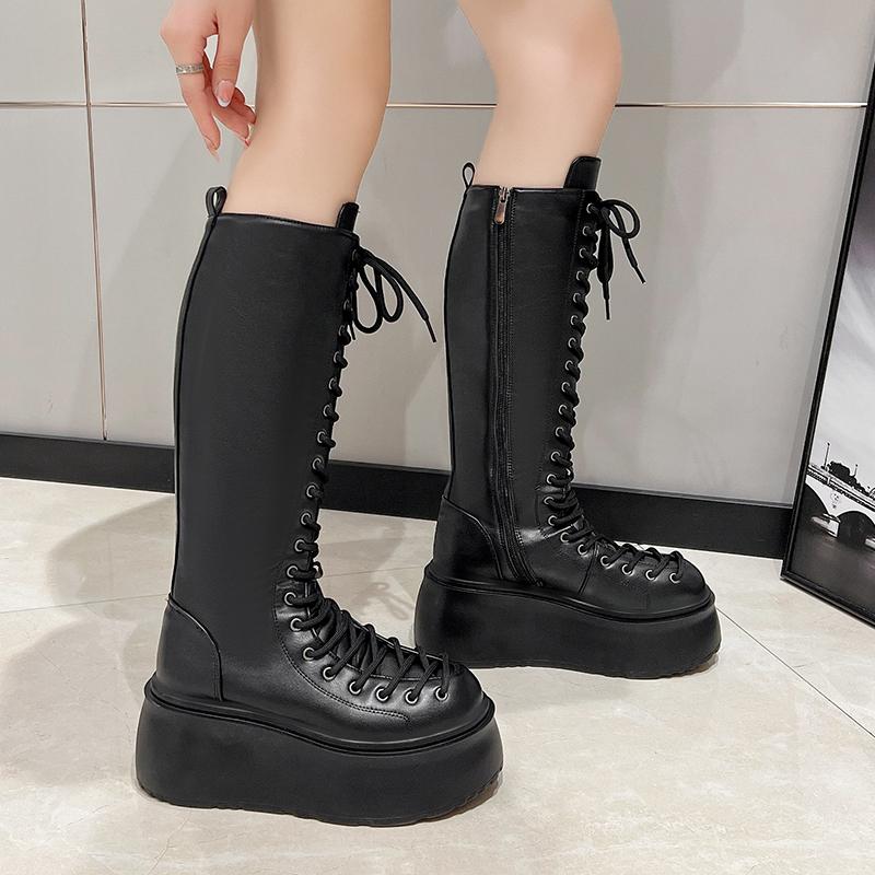 Fashion Side Zipper 8 Cm Platform Women Boots Knee High Motorcycle Boots Black Lace Up Long Boots Suede Leather Autumn Winter Shoes