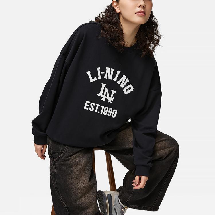 Li Ning Letter Print Crew Neck Pullover Sweatshirt Women Sweatshirt Black AWDTB46-2