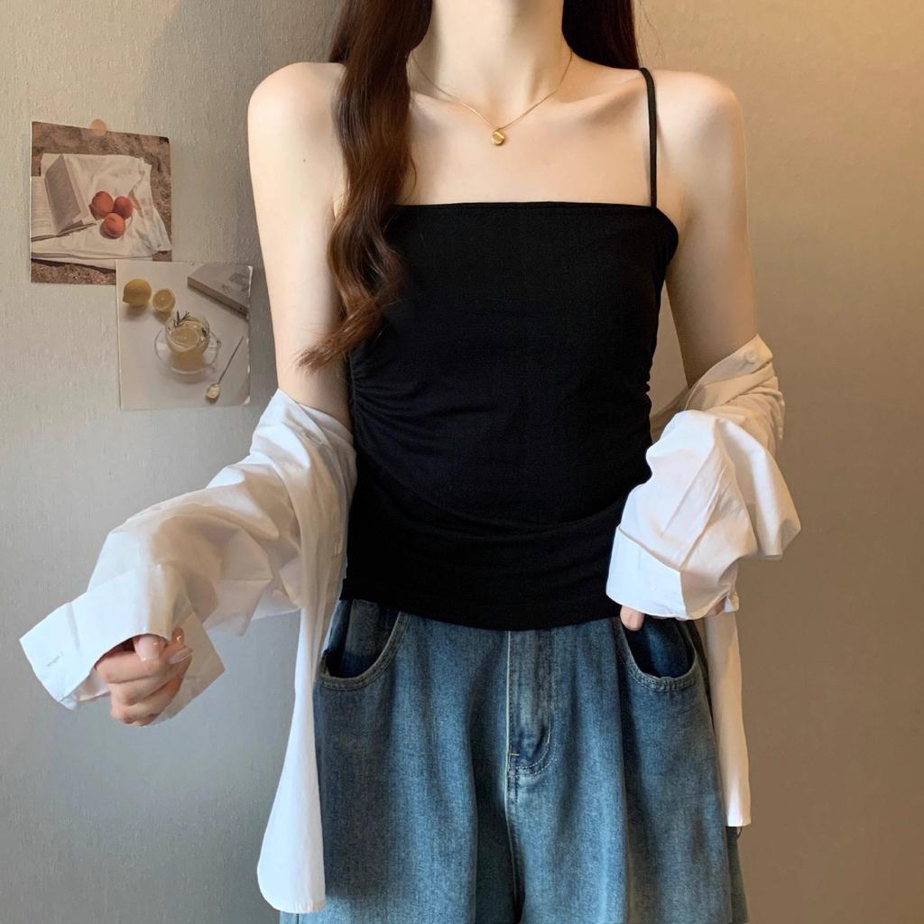 2026 Spring Korean Style Backless Slim Bandeau Top with Padded Ruffles for Women