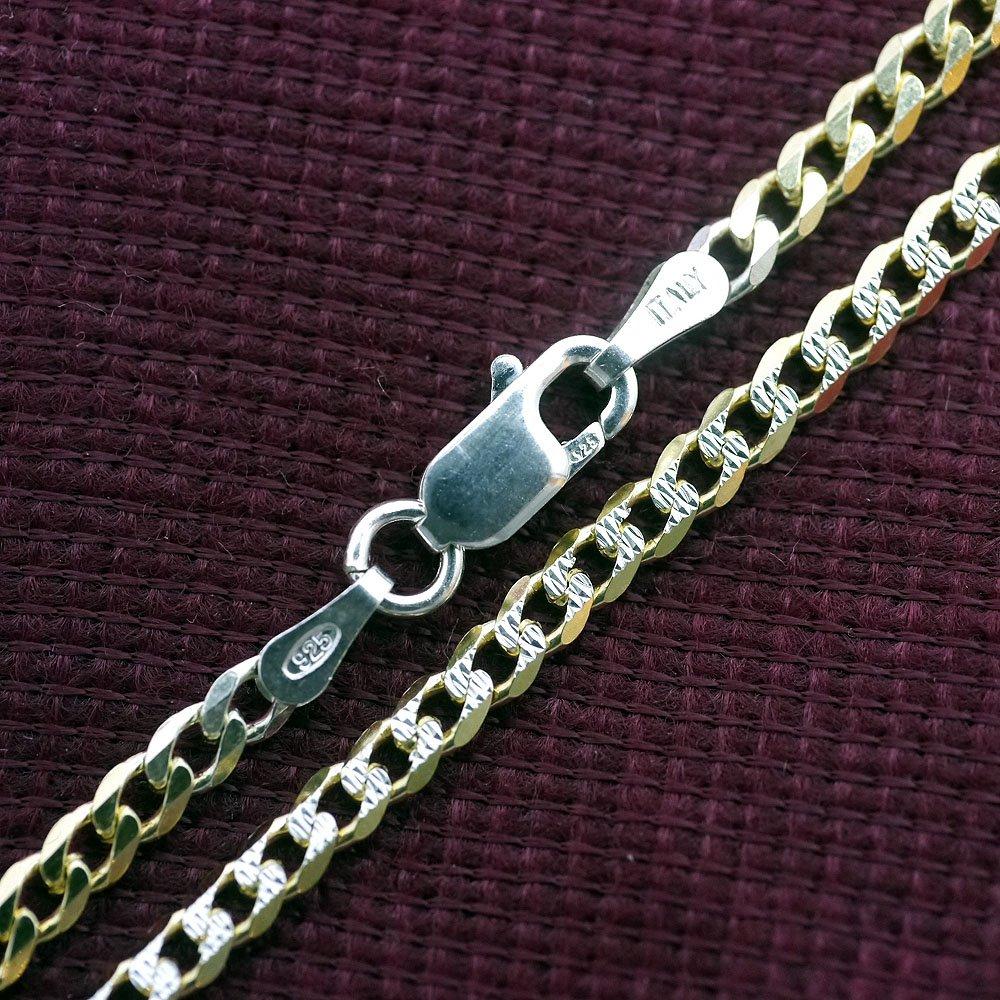 Silver One Silver 925 Curb Chain Necklace Gold and Silver 18K Sparkle 3mm 1mm Fine Gold Curb Chain Italian-Made [Two-Tone Plated, 6-Sided Cut, Wide,
