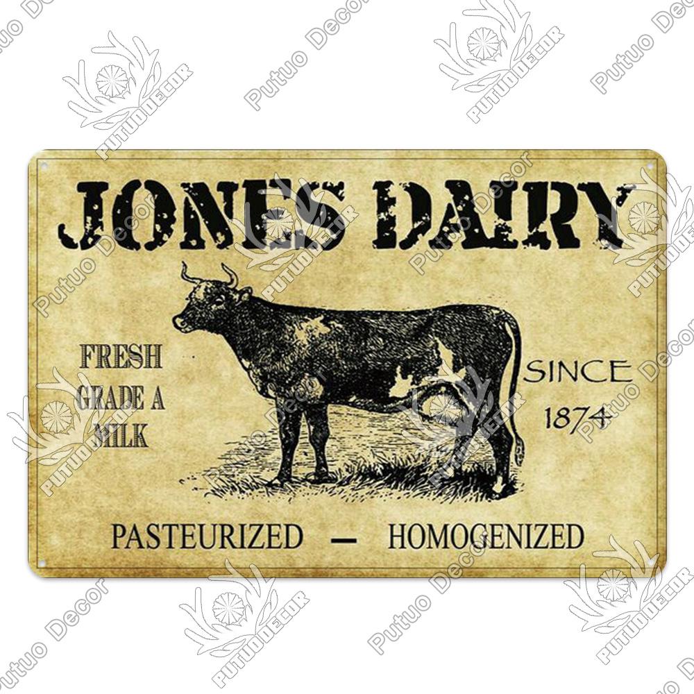 Putuo Decor Farm Tin Sign Milk Vintage Tin Sign Plaque Metal Plate Retro Poster for Farmhouse Cow Pig Wall Stickers Art Decor