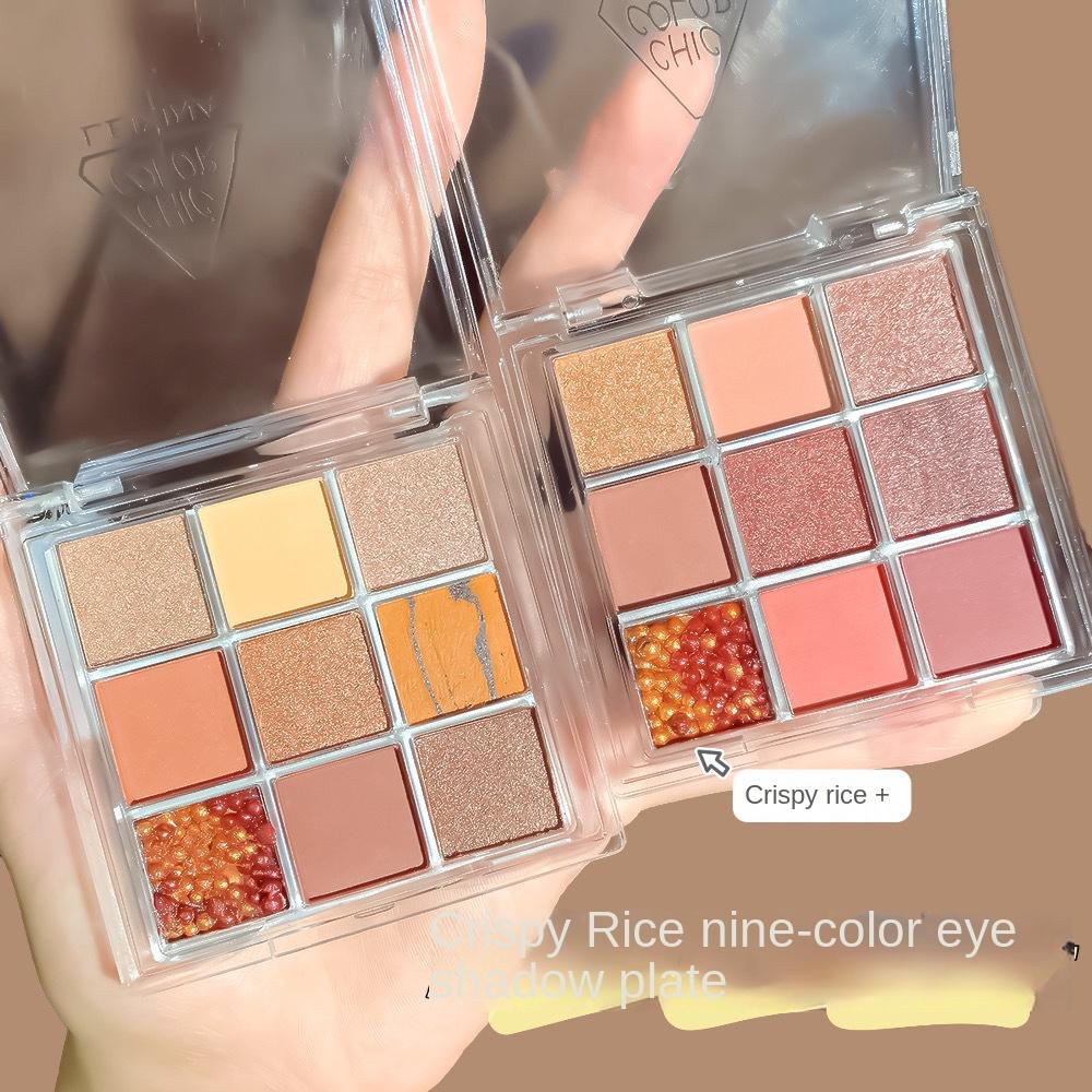 Knusprig duftende Reis-Lidschatten-Palette in neun Farben, schimmernder Glitzer, glitzernd, wasserfest, kein Make-up-Entfernen, erdige Farbe, täglich hochkarätig