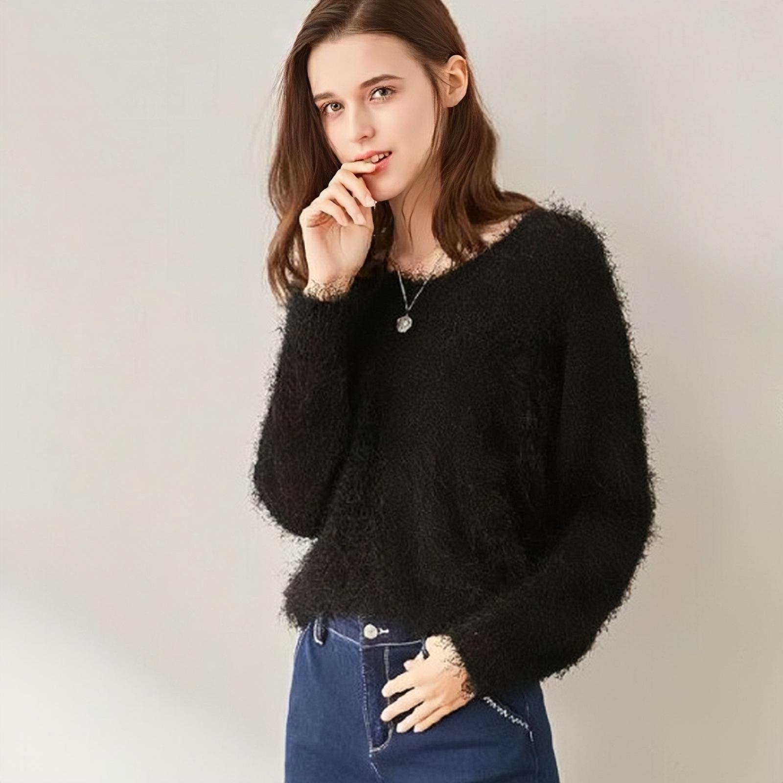 

V-neck Solid Color Women s Knit Pullover - Imitation Mink Velvet, Loose Fit for Autumn & Winter S