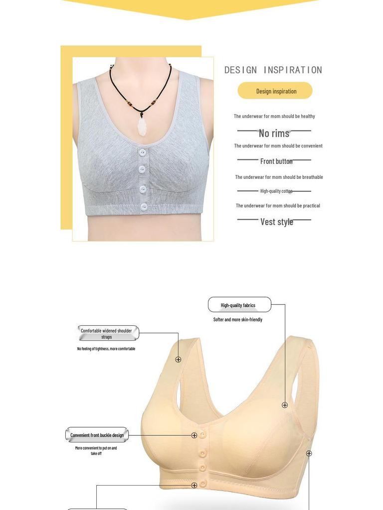 Front Button Cotton Bra for Middle-Aged & Elderly Women - Plus Size Vest Style, Solid Color.