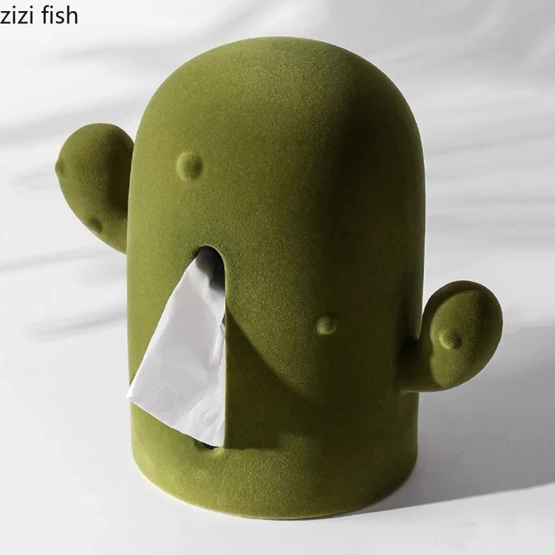 Retro Olive Green Velvet Tissue Box Desktop Ceramic Creative Napkin Paper Box Withdrawable Tissue Boxes Household Tissue Case
