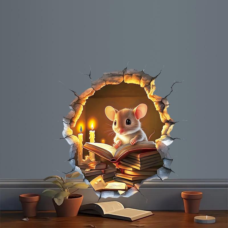 Cozy Cartoon Mouse Reading Book by Candlelight At Mouse Hole Toilet Wall Sticker Self-Adhesive Bathroom Home Decor Art Wholesale
