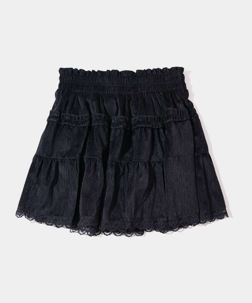 Place Studio Tiered Peach Stripe Frill Lace Elastic Waist Short Ruffle Skirt Pants [Black]