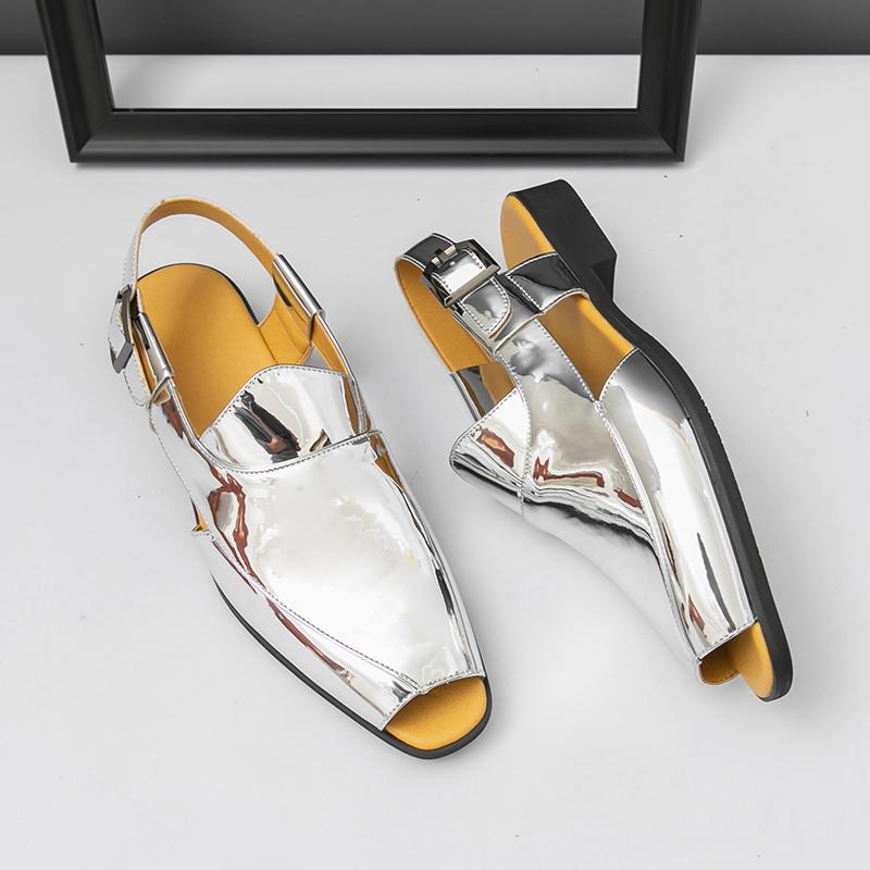 Sandali Gladiatore Estivi da Uomo Oro Argento Punta Aperta Fibbia a Cinturino Pelle Scarpe Casual Traspiranti Sandali da Spiaggia Pantofole da Esterno