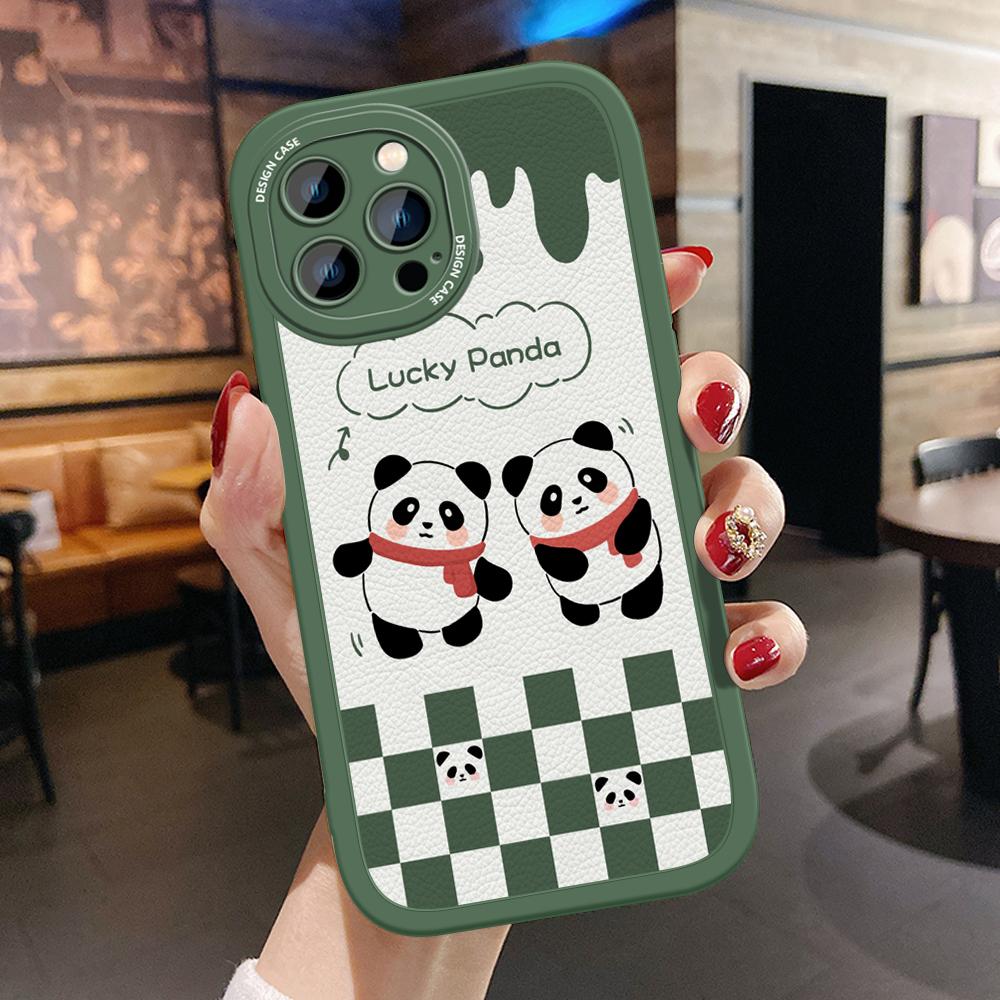 Slim Skin Feeling Cartoon Panda Soft Silicone PU Leather Cover Phone Case for iPhone Samsung Huawei Honor Xiaomi Redmi OPPO Realme Vivo