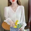 Spring Autumn New Spliced Knitted Top Women's V-neck Long Sleeve Knittwear T-shirt Solid Color Bottoming Shirt