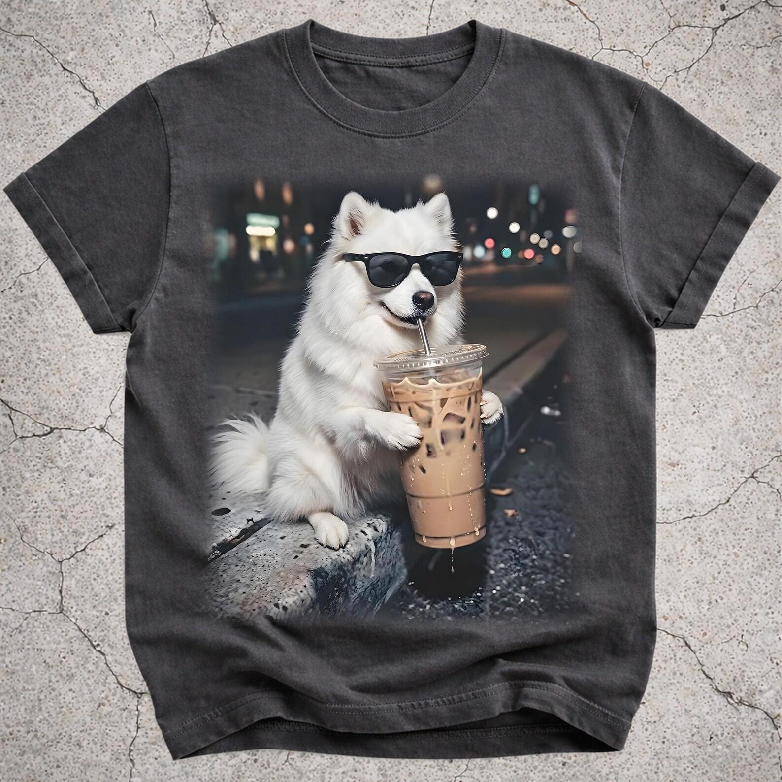 Funny American Eskimo Drinking Iced Coffee Shirt, Dog Mom Gift, Animal Meme Tee 4XL