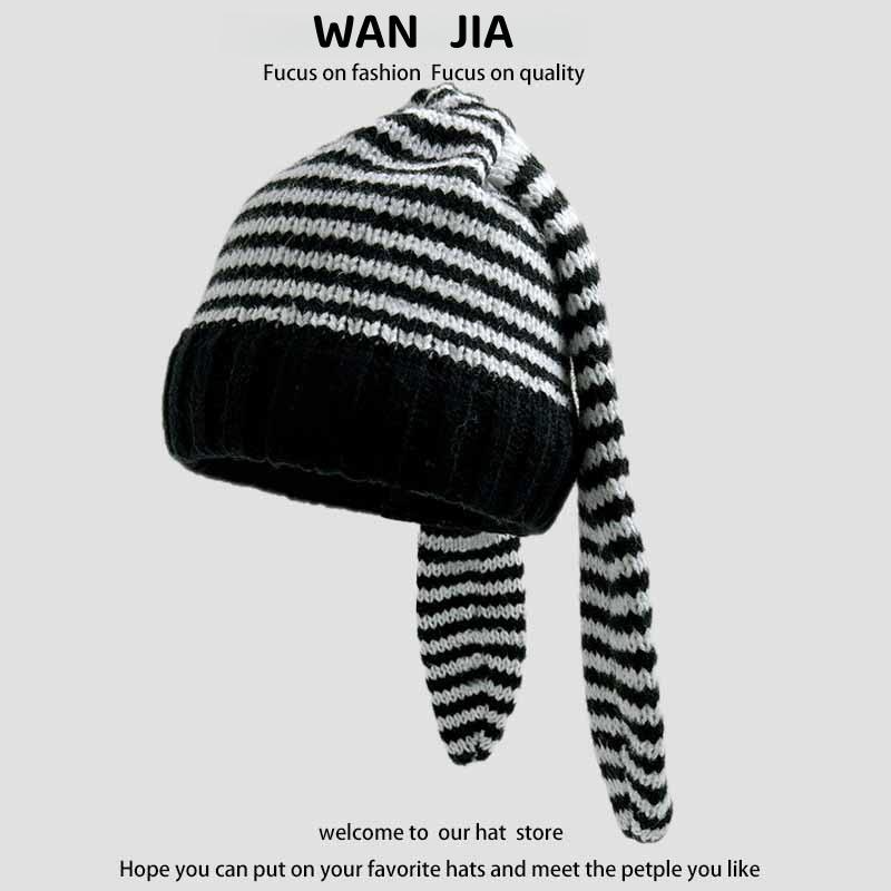 

Осенне-зимняя вязаная шапка для женщин с длинными ушками кролика, милая полосатая шерстяная шапка, теплая защита ушей, нишевая личность, теплая шапка от холода One Size