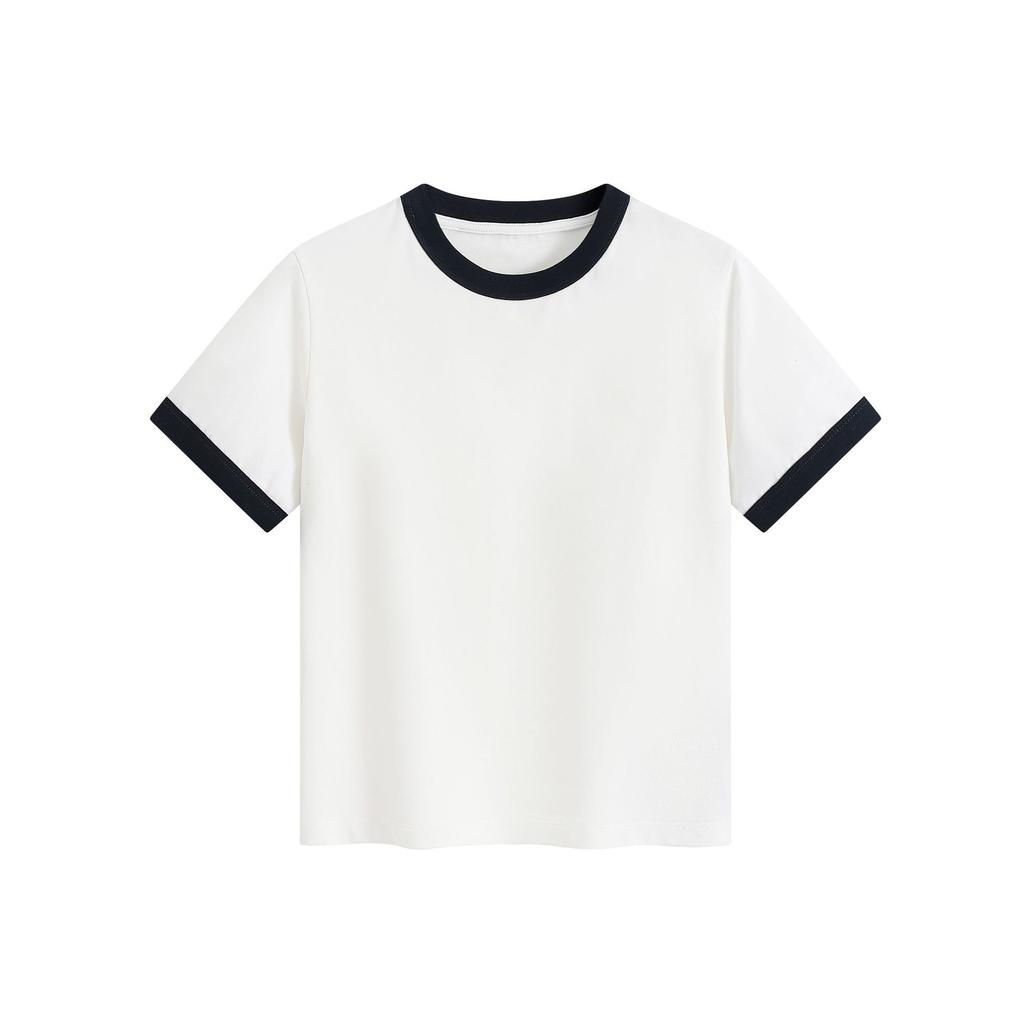 Heavyweight color-blocked round-neck women's simple versatile short-sleeve T-shirt, regular shoulder, cropped slim-fit top