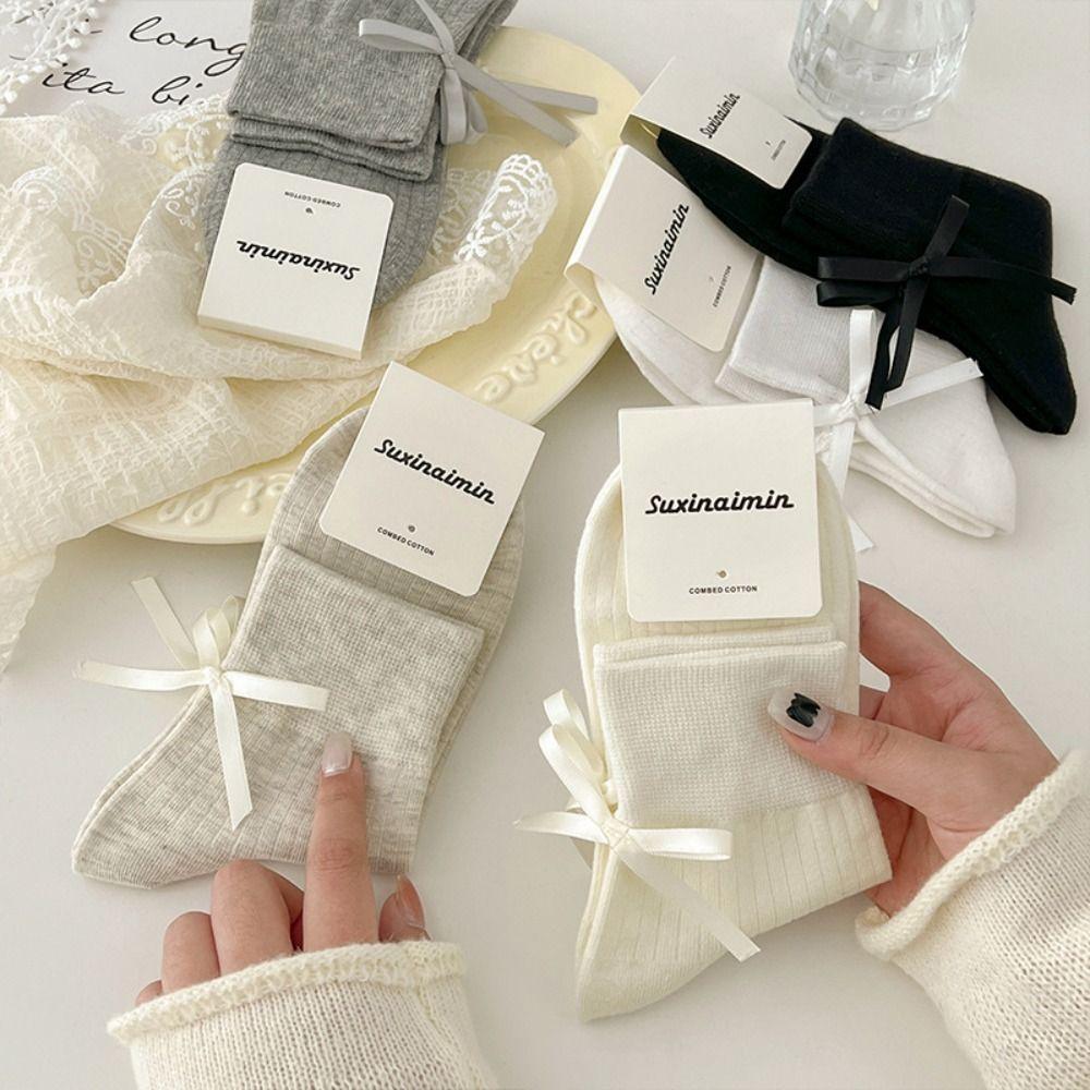 

Ribbon Bowknot Socks Japanese Full Cotton Socks Fashion Cream Socks бежевый