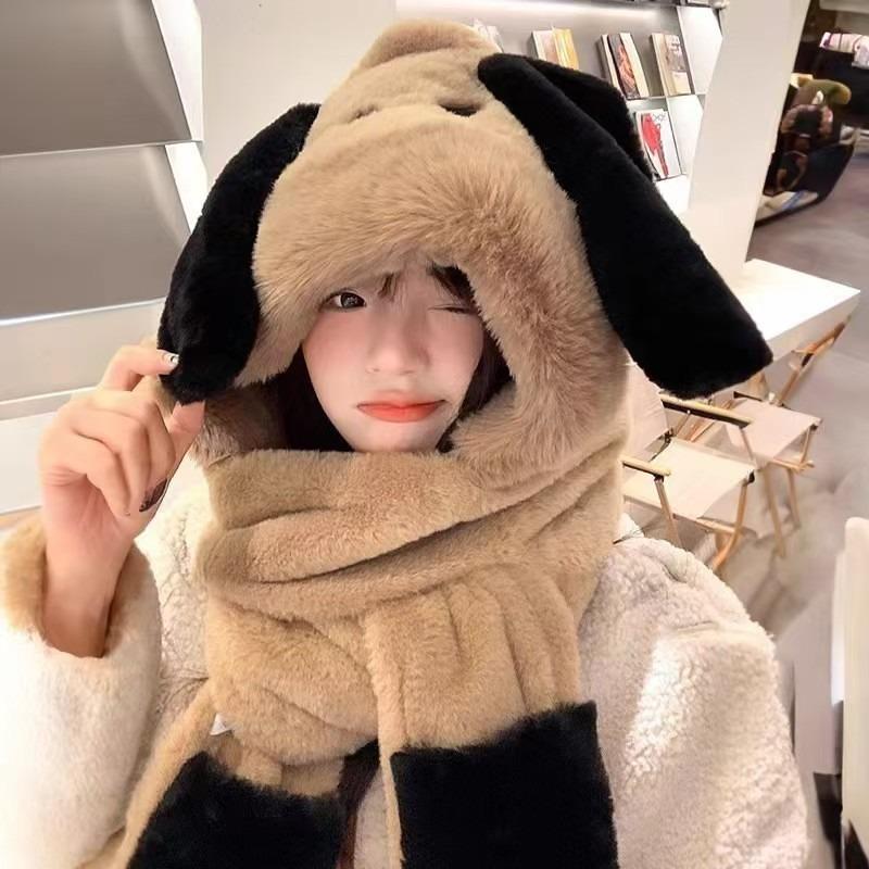 New cute plush hat scarf gloves integrated hat women's autumn and winter cartoon warm cycling thickened ear protector