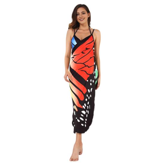 Beach Cover Up Dress Sling Sleeveless Butterfly Print Colorful Pattern Spaghetti Straps Halloween Bikini Wrap Swimwear