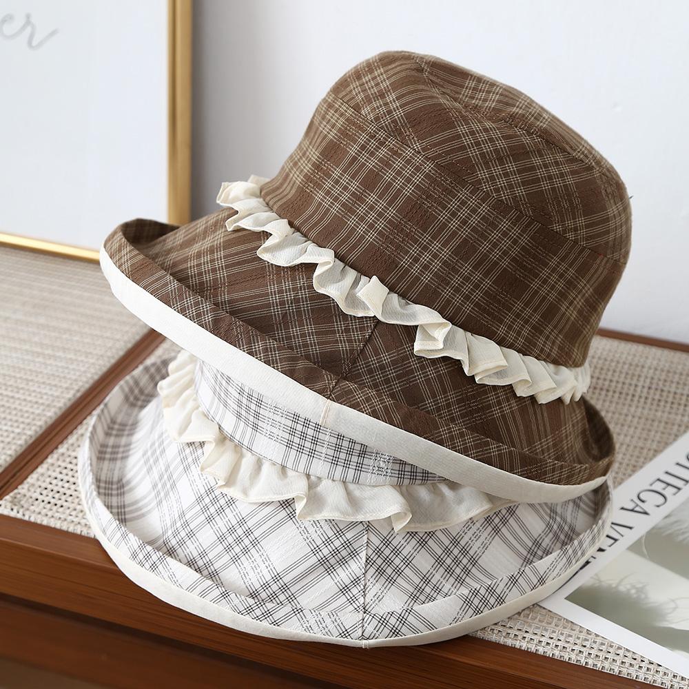Japanese Retro Color Matching Bucket Hats Plaid Lace Design Caps Women Spring Summer Travel Sunscreen Versatile Literary Sun Hat