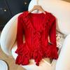 Maglione da Donna Invernale Pullover Caldo Lavorato a Maglia Scollo a V Bordatura in Pizzo Manica Lunga Oversize Maglione Top